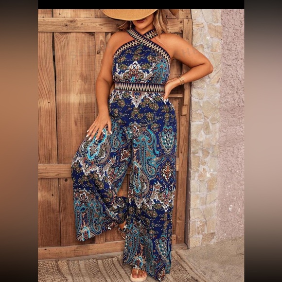 SHEIN VCAY Floral Print Cross Halter Jumpsuit - Picture 2 of 5